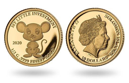милый мышонок на золотых монетах Соломоновых островов