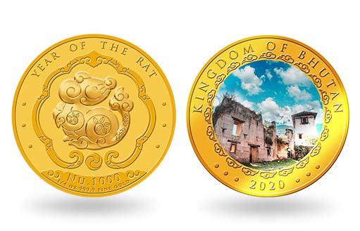 Мышь украшает золотую монету Бутана
