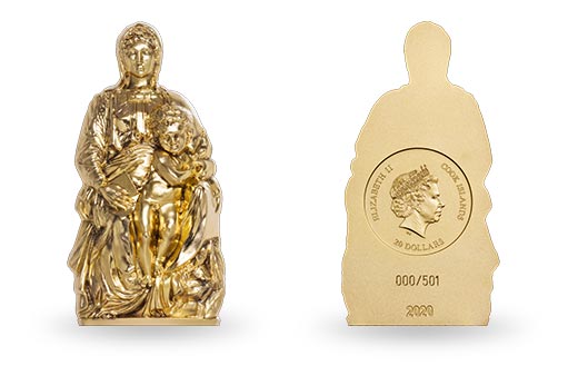 статуя с мадонной Брюгге отлита в серебре на монетах островов Кука 