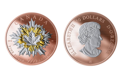 Серебряная монета с плакировкой из розового и желтого золота, посвященная главному символу страны — кленовому листу