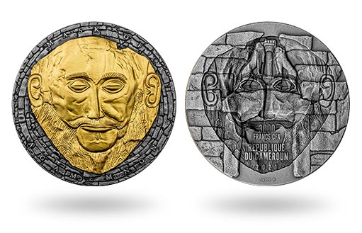 От имени Камеруна отчеканена серебряная памятная монета с позолотой маска Агамемнона