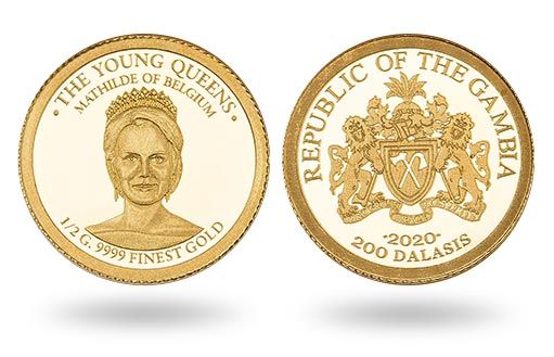 портрет консорт-королевы Бельгии на золотых монетах Гамбии