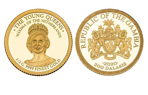 золотая монета Гамбии с портретом супруги короля Нидерландов