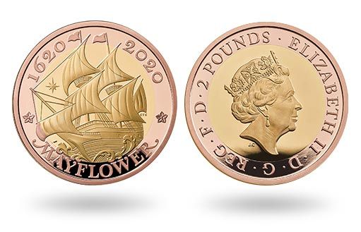 корабль Мейфлауэр красуется на золотых монетах Британии