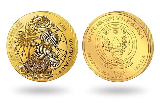 знаменитый корабль Мейфлауэр изображен на золотых монетах Руанды