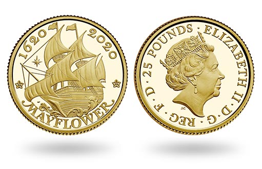 золотая монета Британии, посвященная Мейфлауэру