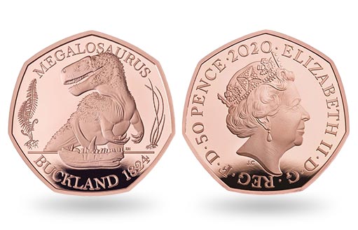 древний мегалозавр отчеканен на коллекционной золотой монете