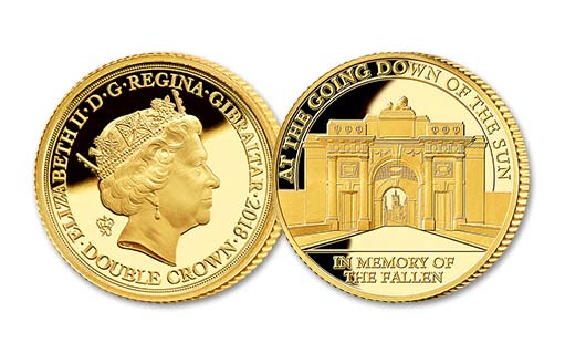 Мененские ворота в Ипре на золотых монетах Гибралтара