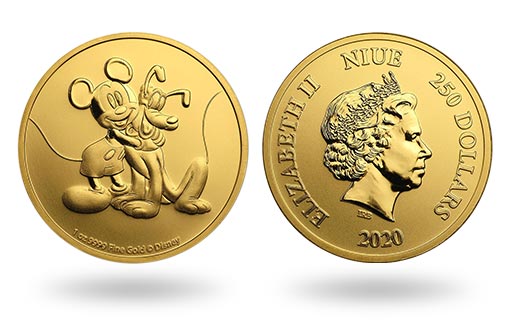 Микки Маус со своим другом Плуто на золотых монетах Ниуэ