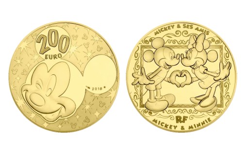 Мультипликационный герой Микки Маус в золоте на монете 200 евро