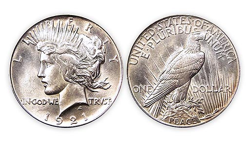 Серебряный Мирный доллар с высоким рельефом 1921 года