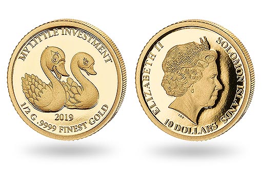 маленькие лебеди на золотых монетах Соломоновых островов