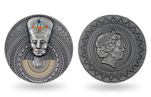Нефертити в кристаллах Сваровски на серебряной монете Ниуэ