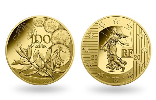 Марианна на аверсе золотого нового франка Франции