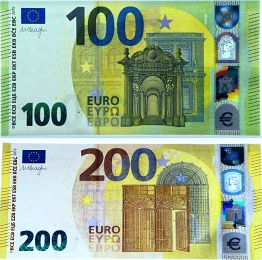 купюры 100 и 200 евро образца 2019