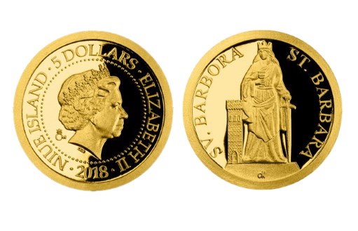 Великомученица и святая Барбара в золоте на монетах страны Ниуэ