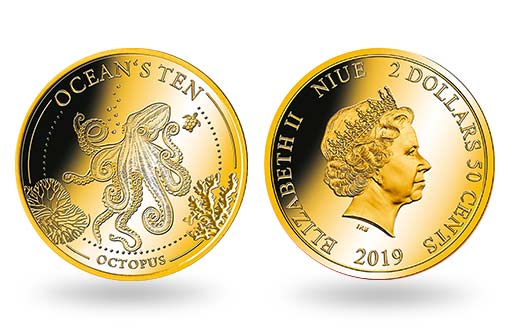 Осьминог на золотой монете Ниуэ