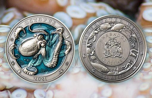 осьминогу посвящены серебряные монеты Барбадоса