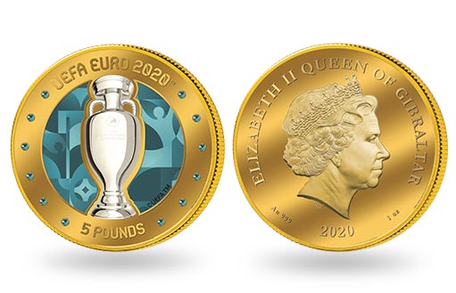 кубок чемпионата УЕФА евро 2020 на золотой монете Гибралтара