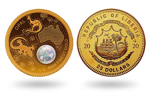 австралийский опал украшает золотые монеты Либерии