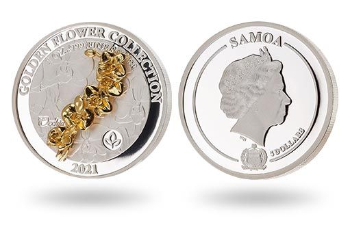 серебряные монеты Самоа украшены объемной орхидеей