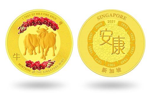героями выпуска золотых монет Сингапура стали символы 2021 года