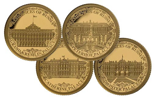 Четыре золотые монеты Соломоновых островов в честь Дворцов России