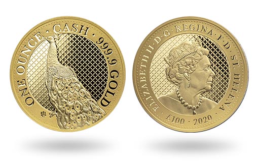 величественный павлин на золотой монете о.Святой Елены