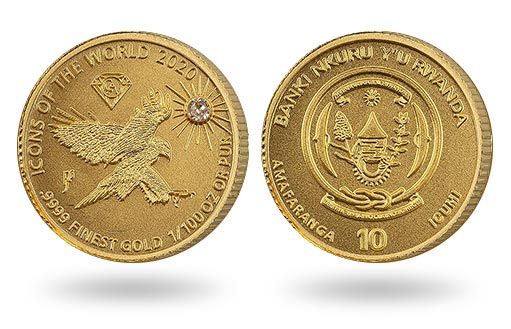 золотые монеты Руанды с сапсаном украшает бриллиант