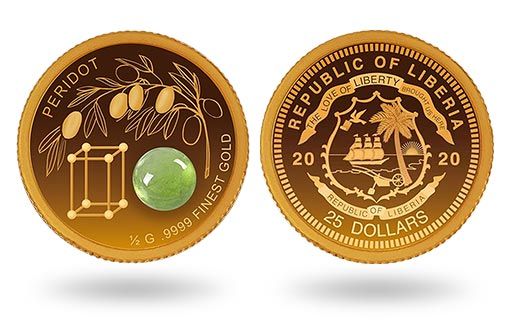 на золотых монетах Либерии расположился перидот