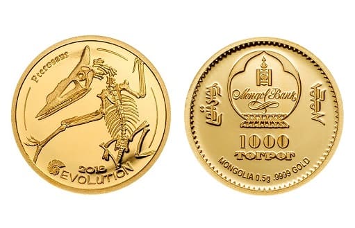 Золотые монеты, посвященные древнему летающему Птерозавру