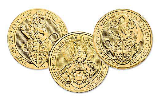 золотые инвестиционные монеты с изображением грифона, льва и дракона