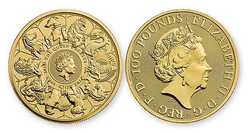 золотая монета с 10 зверями королевы