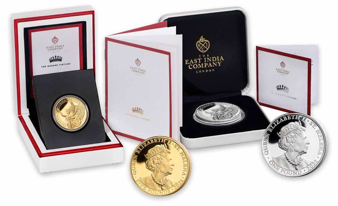 золотая и серебряная монеты из серии Шесть добродетелей Королевы