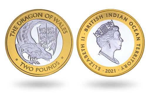 Дракон Уэльса на биметаллических монетах от Британской территории в Индийском океане
