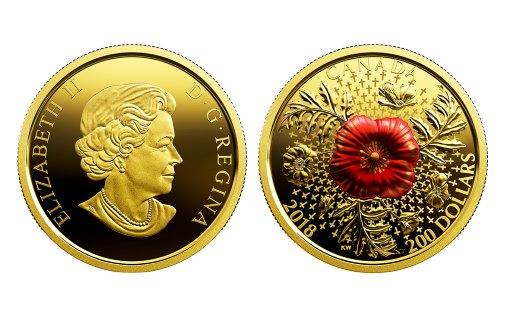 Красные маки, как символ памяти павших, на золотых монетах Канады