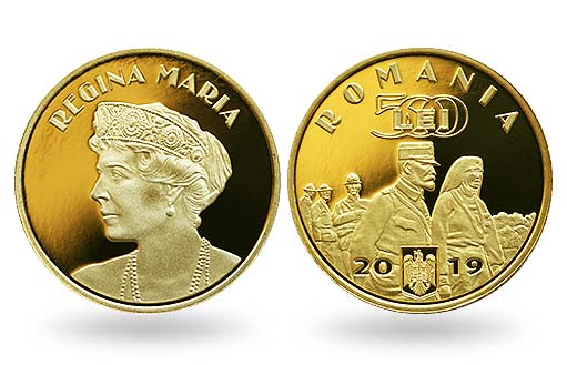 Королева Мария Румынская украшает памятные золотые монеты