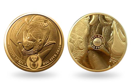 носорог изображен на золотой монете Южной Африки