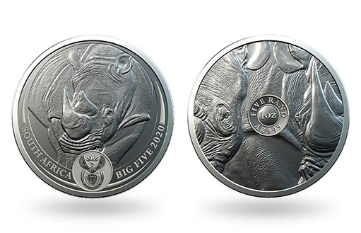 грозный носорог на серебряной монете ЮАР