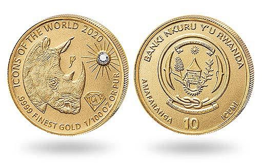 руандийские золотые монеты с носорогом украшены бриллиантом
