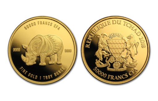 Золотой носорог на монетах для Республики Чад