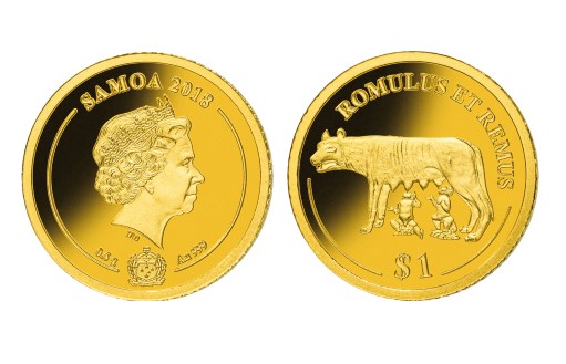 Статуя капитолийской волчицы на золотых монетах Самоа