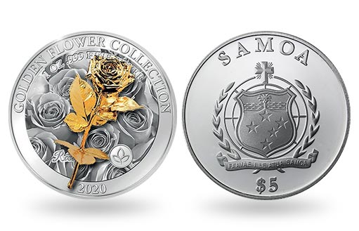 Серебряную монету Самоа украшает роза, покрытая позолотой