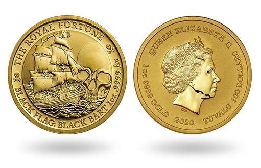 корабль Черного Барта на золотых монетах Тувалу