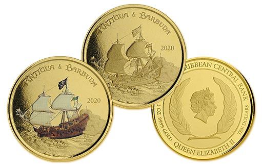 пиратское судно для перевозки рома на золотых монетах Антигуа и Барбуды