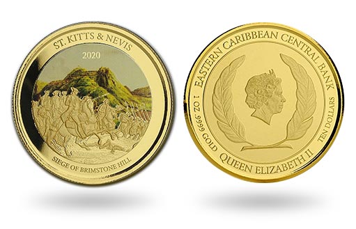 золотая монета Сент-Китс и Невис с селективной окраской