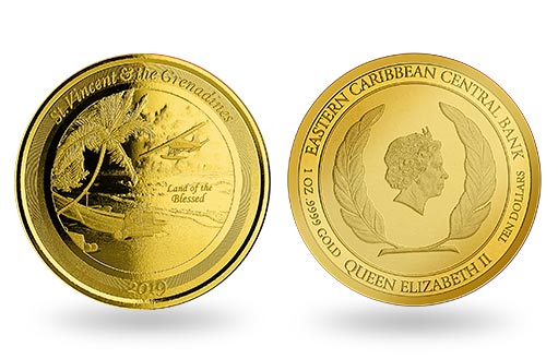 гидросамолет украшает золотые монеты Сент-Винсента и Гренадин