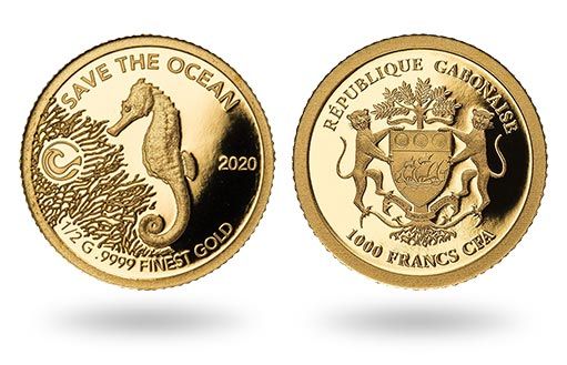 морской конек на золотой монете Габона