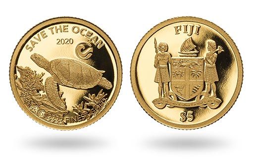 морская черепаха на золотой монете Фиджи