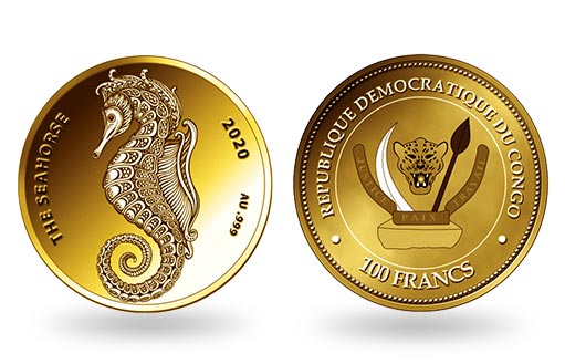морской конек на коллекционной золотой монете Конго